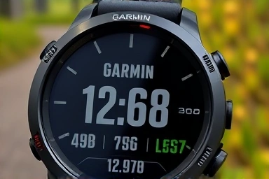 Garmin Forerunner 275 watch face showing running data.