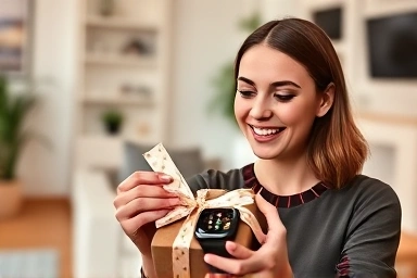 Woman happily unboxing a smartwatch as a gift.