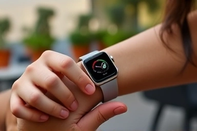 Close-up of a smartwatch being worn on a woman's wrist.