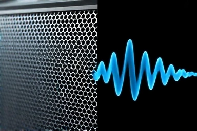 Close-up of smart speaker and abstract sound waves