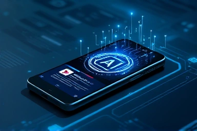 Futuristic AI smartphone with glowing patterns.