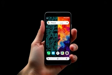 Hand holding Google Pixel phone, AI interface vs data network.