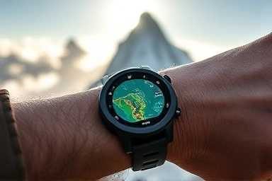 Smartwatch on wrist with mountain map, symbolizing hiking tech.