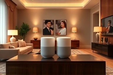 Apple HomePod 2nd gen stereo pair in a modern living room.