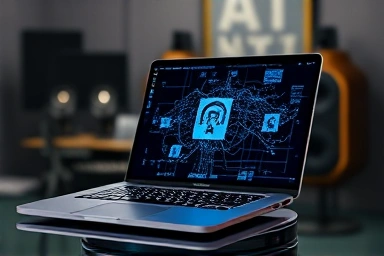 Laptop with AI graphics, neural network, professional studio.