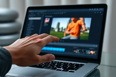 User editing 3D graphics on laptop, video editing software.