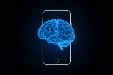 AI brain integrated with iPhone, symbolizing Siri's intelligence