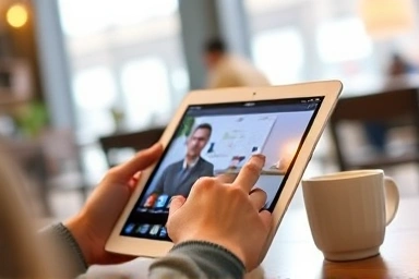 User working on iPad cellular in a cafe