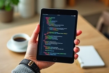 iPad displaying code, modern tech workspace