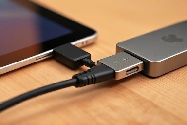 Close-up of iPad USB-C port and external drive connection