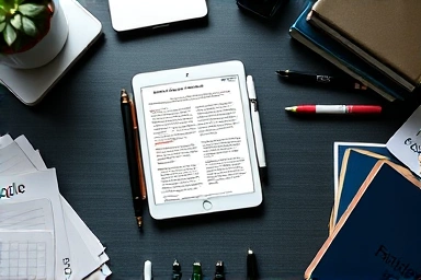 Desk setup with iPad, stylus, and study materials