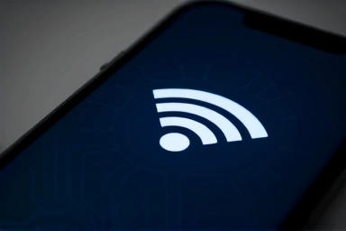 iPhone with stable Wi-Fi signal and glowing network lines.