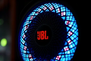 Close-up of JBL Pulse 5 speaker's intricate light panel.