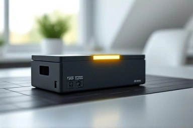 Laptop battery glowing with sustained energy, symbolizing longevity.