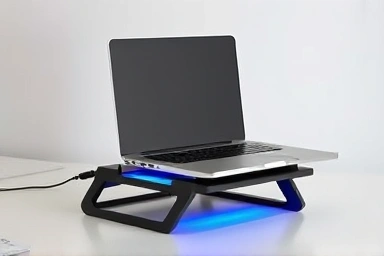 Laptop on cooling stand, cool computing environment