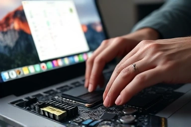 Hands assembling laptop hardware for Hackintosh