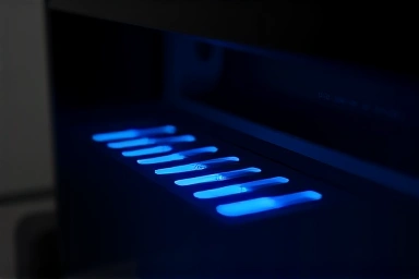 Laptop cooling vents with a subtle blue light, symbolizing effective cooling.
