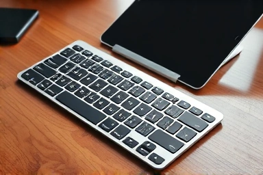 Logitech K380 keyboard and iPad connected on a desk