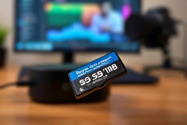 Close-up of UHS-II SD card inserted into reader, creative workflow.