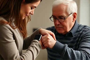 Daughter gifting smartwatch to father, symbolizing safety and care.