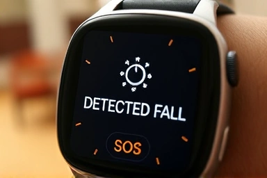 Smartwatch screen showing fall detection alert and SOS icon.