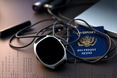 Smartwatch with tangled cables and passport, representing direct purchase challenges.