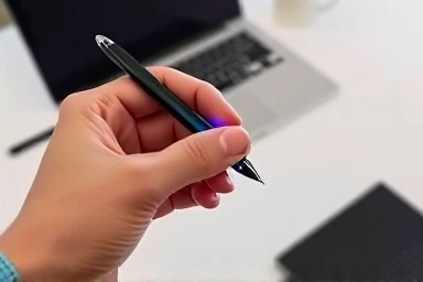 Hand holding S Pen Pro with subtle blue light indicating Bluetooth.