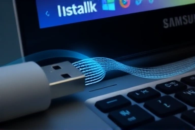 USB drive and Samsung laptop, illustrating Windows 11 installation.