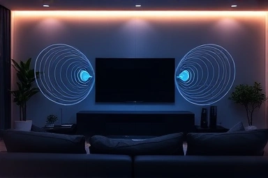 Samsung TV and Q-Symphony soundbar creating immersive 3D sound waves
