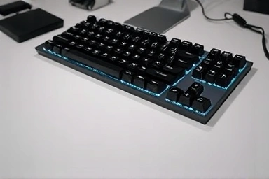 Modern silent mechanical keyboard on a minimalist desk.