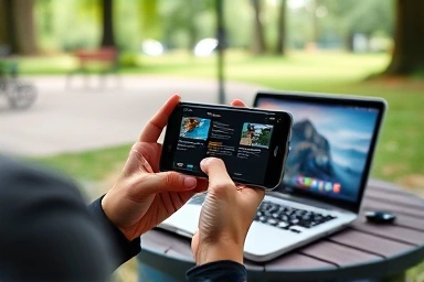 Smartphone controlling PC remotely from a park.