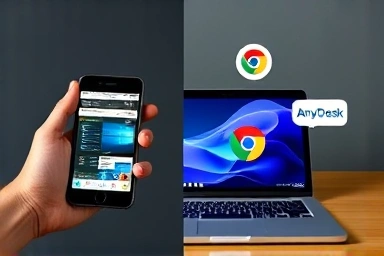 Smartphone interface mirroring PC control with app icons.