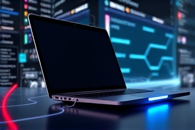 Futuristic laptop with glowing Thunderbolt 5 port symbolizing speed