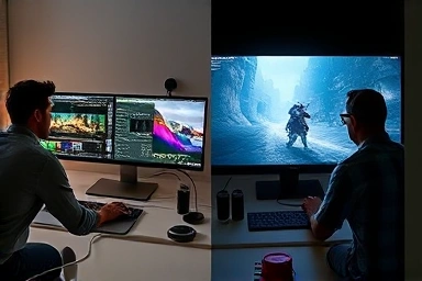 Creative professional and gamer utilizing Thunderbolt 5 laptop capabilities