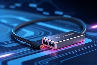 Futuristic USB 4.0 hub and NVMe external SSD connected by a glowing data cable.