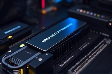 Close-up of an NVMe SSD with advanced heatsink and visible cooling effects.