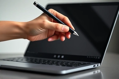 Hand holding stylus pen over Windows laptop screen