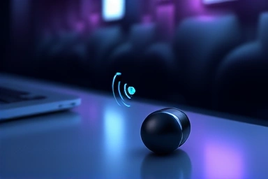 High-fidelity wireless earbud with glowing sound waves.