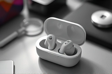Modern wireless earbuds and charging case, technology.