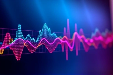 Vibrant audio waveform transforming into intricate sound patterns