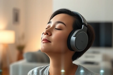 Person immersed in music with premium headphones, serene expression