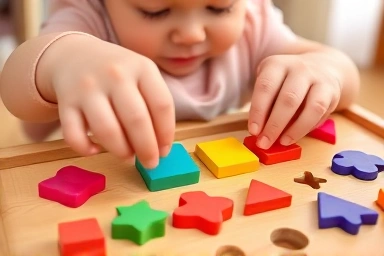 Toddler playing with colorful wooden shape sorter blocks