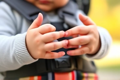Baby's hands secured by padded 5-point stroller harness