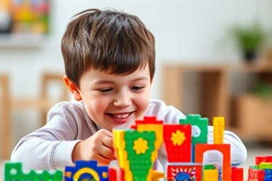 Child building with colorful magnetic blocks, symbolizing creativity.