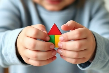 Child's hands connecting geometric magnetic blocks, showing skill development.