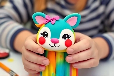Hands molding colorful air-clay into an animal character.