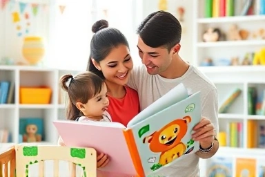 Parent and child reading a pop-up book in a nursery.