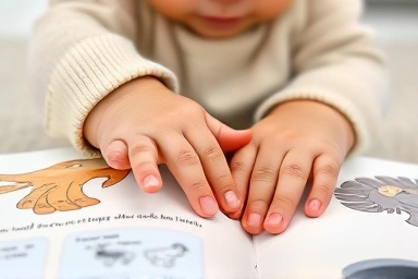 Toddler's hands exploring textured pop-up book.