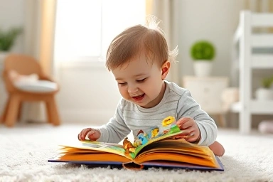 Toddler joyfully engaging with an Applebee pop-up book.