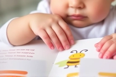 Close-up of baby hands exploring a textured pop-up book.